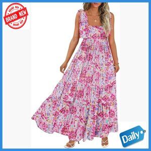 Women's Maxi Dress Spaghetti Straps Square Neck A-Line Smocked Beach Casual